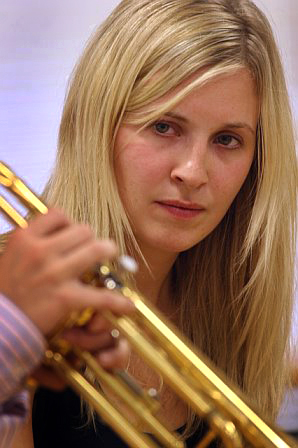 Alison Balsom listens to a performer at Marian College